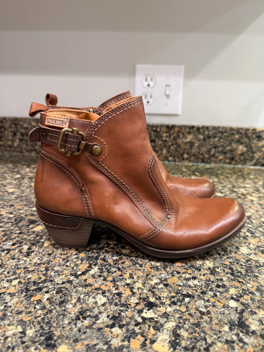 PIKOLINOS Cognac Leather Ankle Booties with Buckle Detail 36